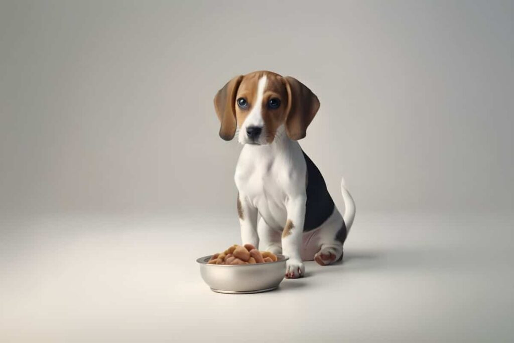 cute-puppy-sitting-near-the-bowl-of-dog-food-generative-ai-2