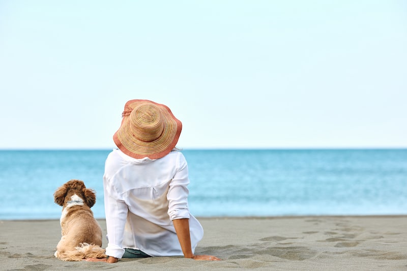 rear-view-of-woman-with-dog-relaxing-on-sand-on-beach